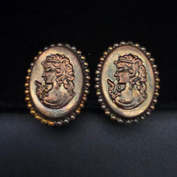 Bronze Cameo Clip On Earrings Left Facing Lady Portrait Vintage Costume Jewelry - Picture 1 of 5
